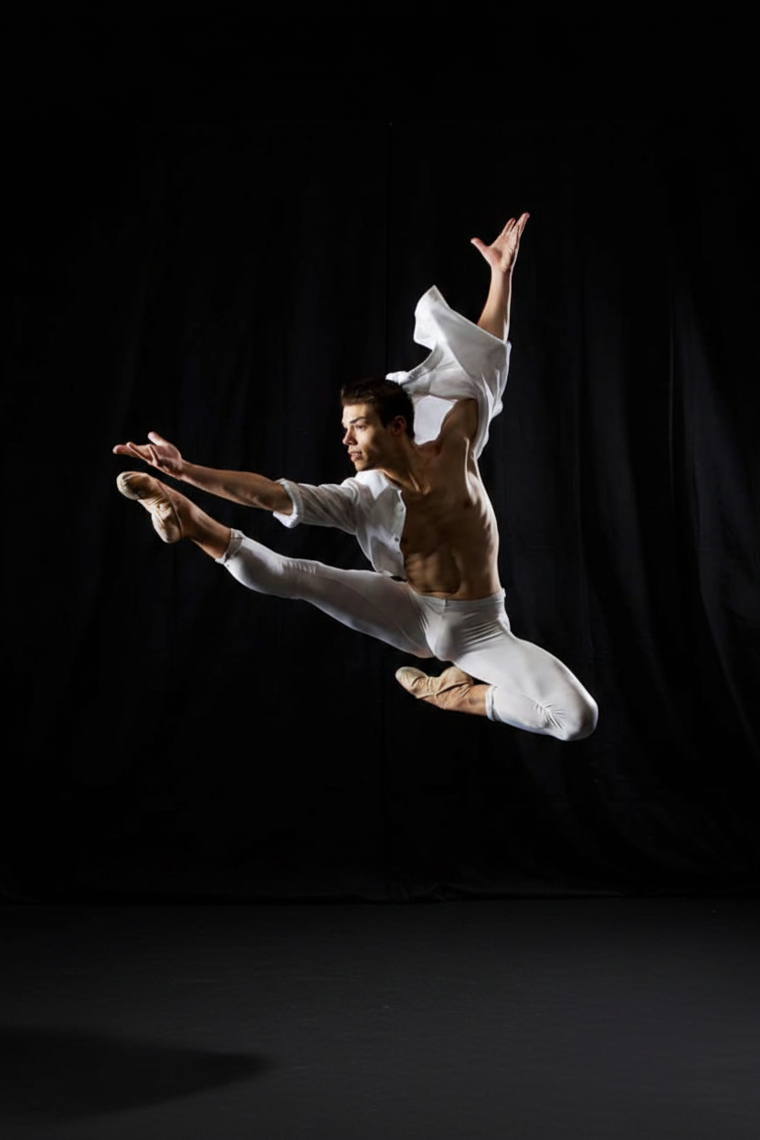 Roberto Cisneros performing a split leap in white — professional ballet dancer and founder of Lost Soul Art Studio
