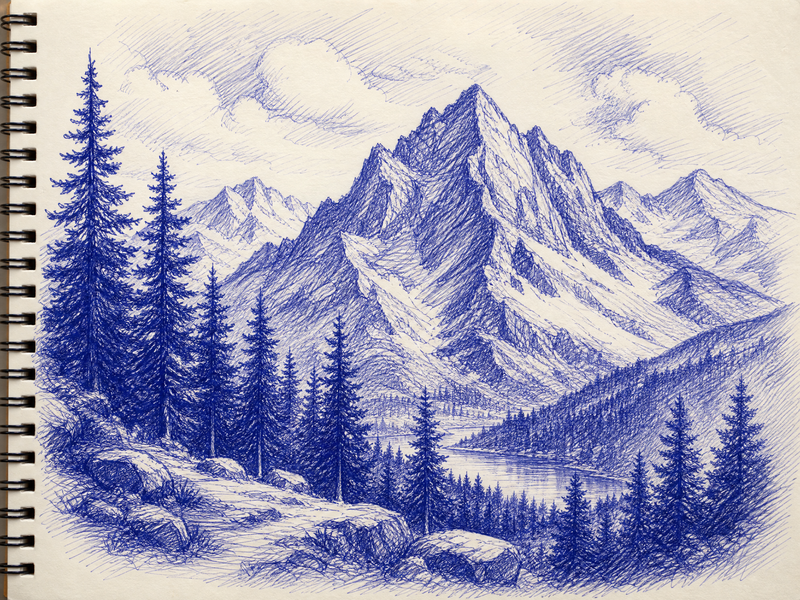 Hyperrealistic ballpoint pen drawing of an eye with landscape reflected in the pupil