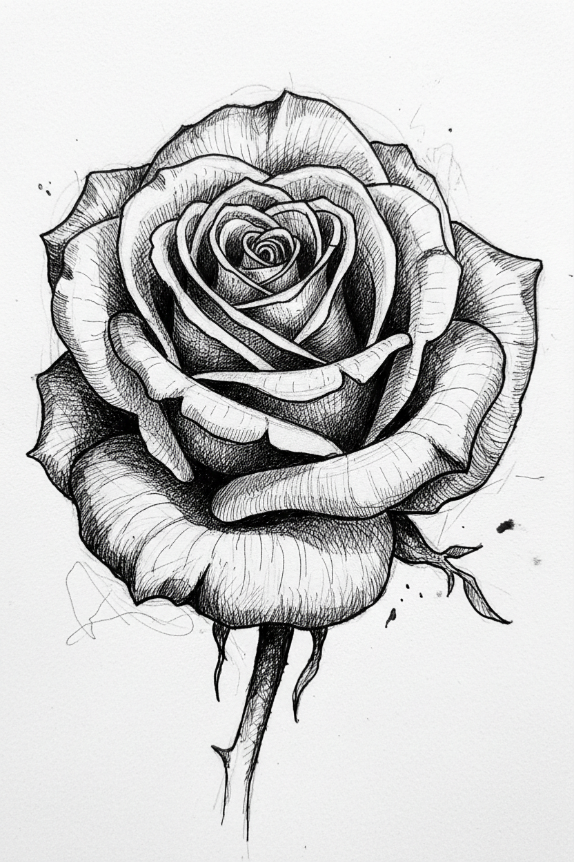 The Rose detailed ballpoint-ink rose drawing by Roberto Cisneros