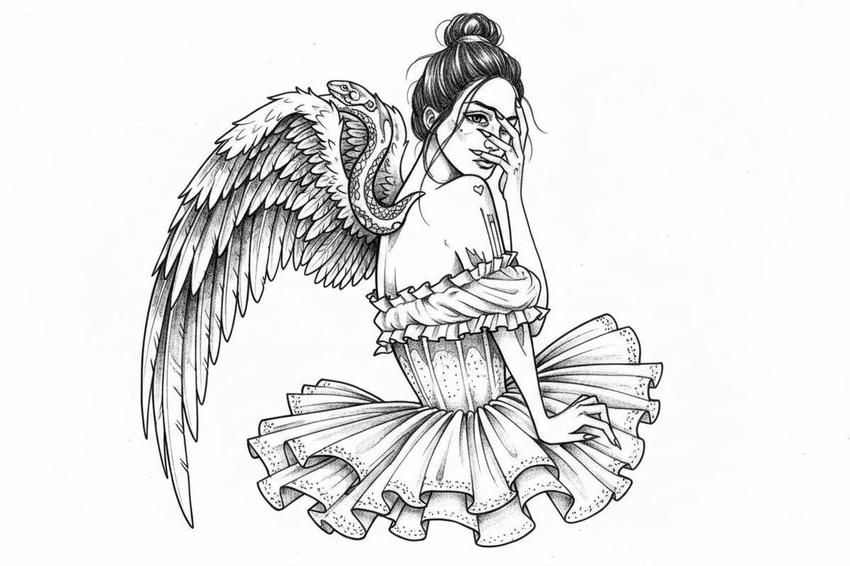 The Fallen ink artwork of a winged woman by Roberto Cisneros
