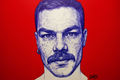 The Portrait ballpoint-pen portrait on a red background by Roberto Cisneros