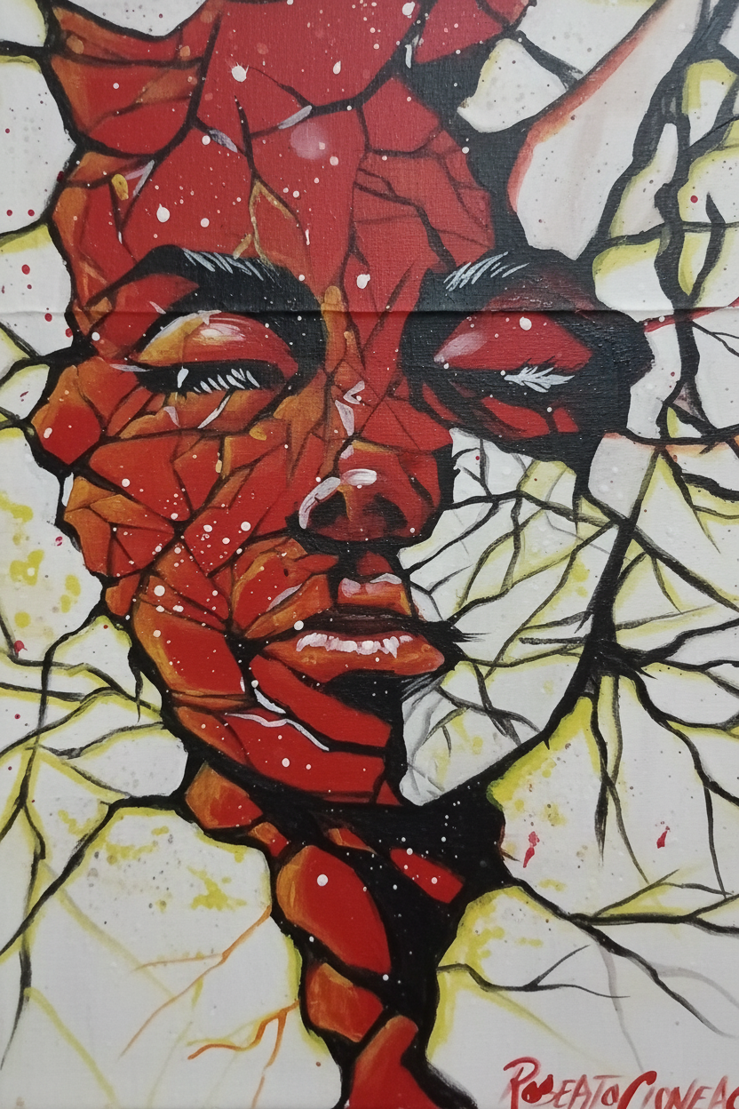 Shattered surrealist artwork showing a fractured face in crimson and ivory by Roberto Cisneros