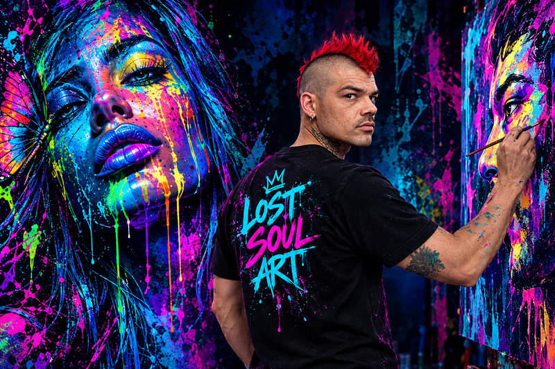 Hero with Roberto in a Lost Soul Art T-shirt