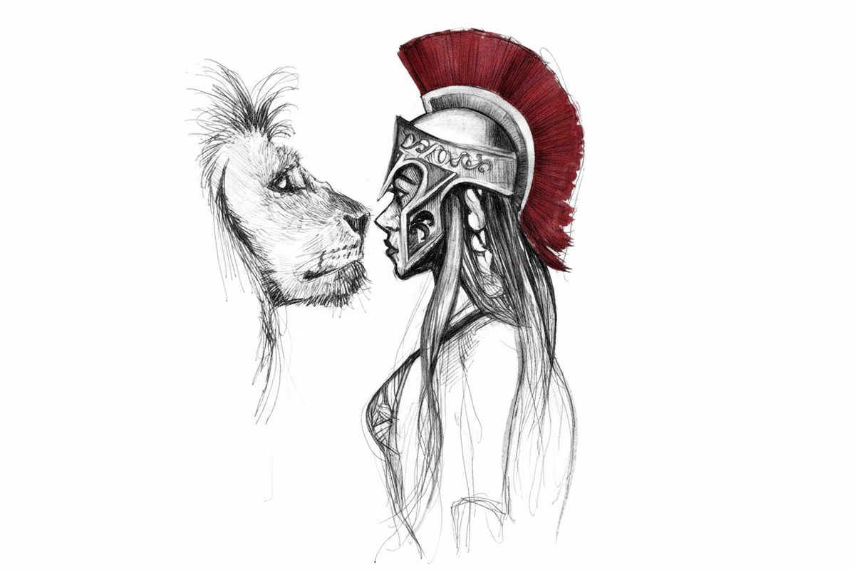 The Warrior and the Lion ink-and-watercolor artwork by Roberto Cisneros