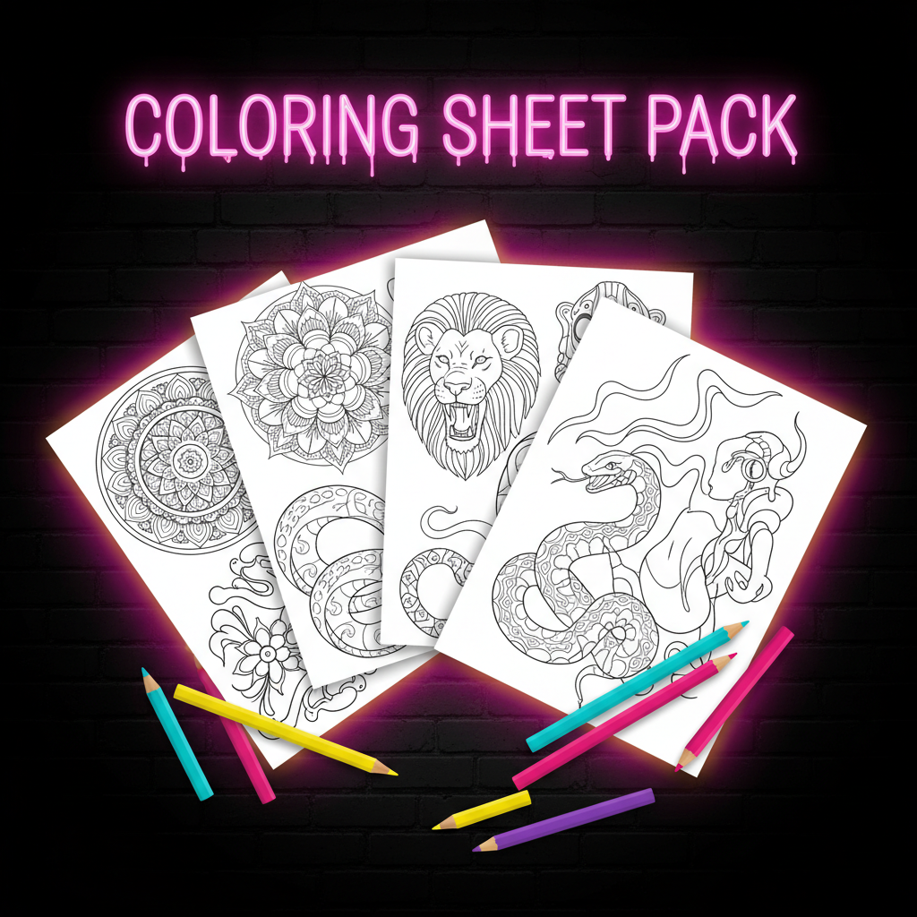 Coloring sheet pack digital download — tattoo art line art mockup