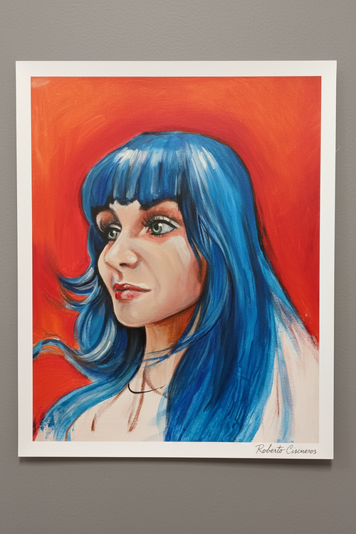 Blue surreal portrait with cobalt-blue hair against a fiery background by Roberto Cisneros