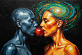 Forbidden Fruit surreal artwork of two figures and an apple in cosmic violet and gold by Roberto Cisneros