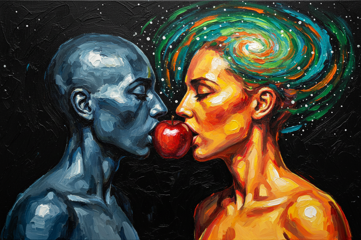 Forbidden Fruit surreal artwork of two figures and an apple in cosmic violet and gold by Roberto Cisneros