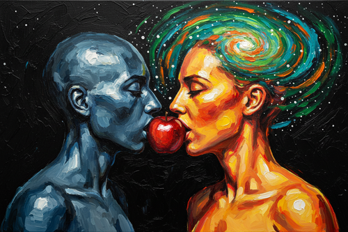 Forbidden Fruit surreal artwork of two figures and an apple in cosmic violet and gold by Roberto Cisneros